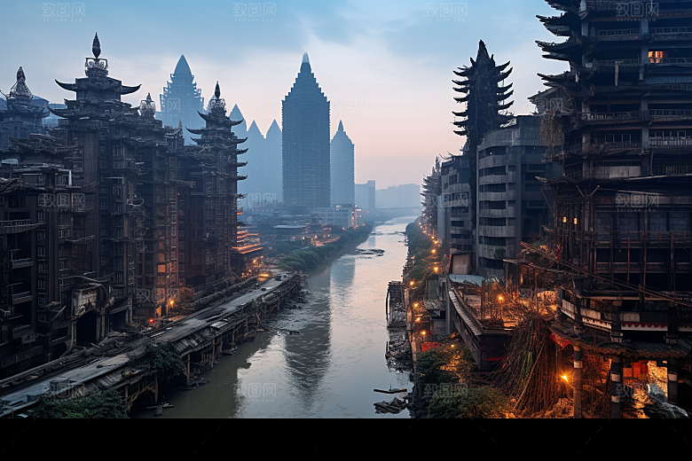 重庆城市建筑赛博朋克视觉场景