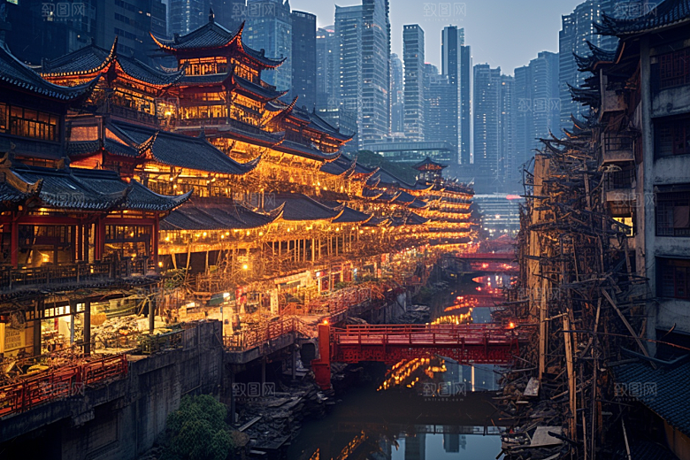 重庆城市建筑赛博朋克视觉场景