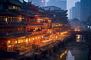 重庆城市建筑赛博朋克视觉场景