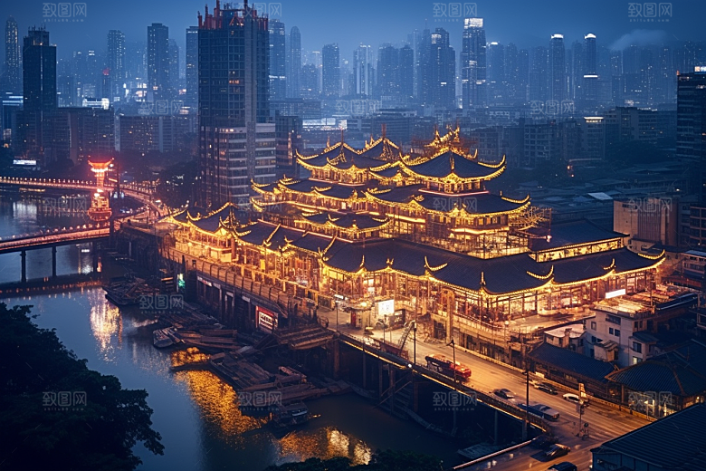 重庆城市风光赛博朋克视觉场景