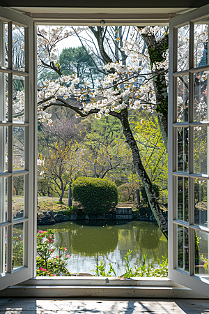 窗外的春色花园窗景摄影图