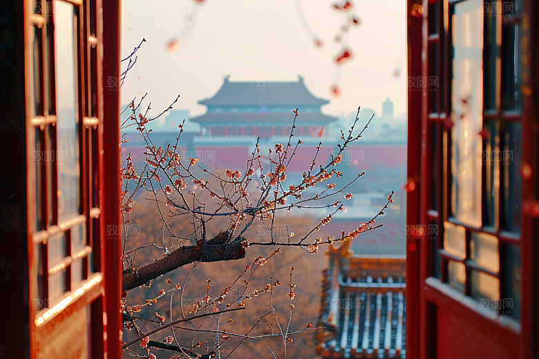 窗外的春色花园高清摄影图