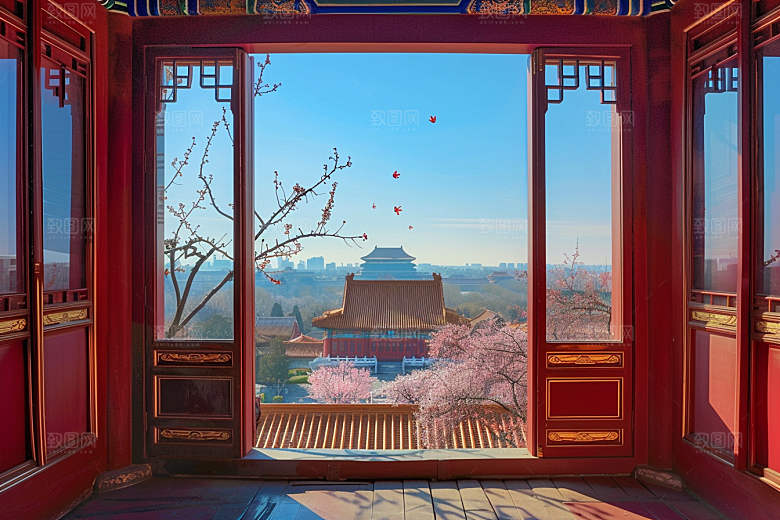 窗外的春色自然窗景摄影图
