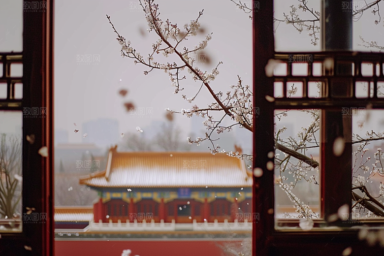 窗外的春色景色花草树木摄影图