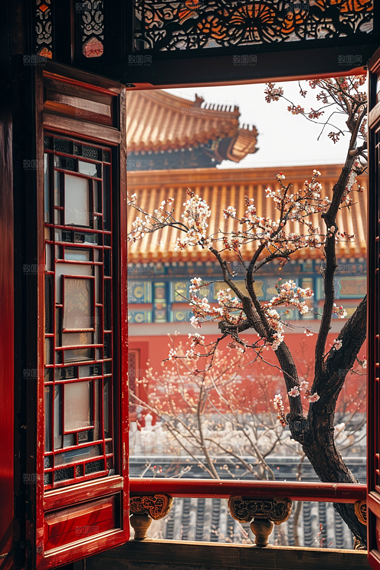 窗外的春色花草树木春天摄影图
