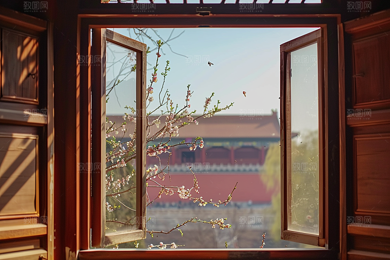 窗外的春色窗景清新摄影图