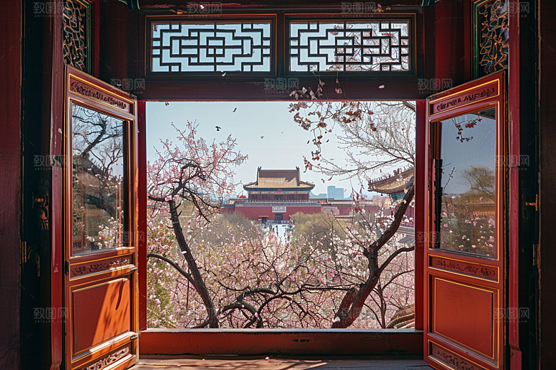 窗外的春色窗景清新摄影图