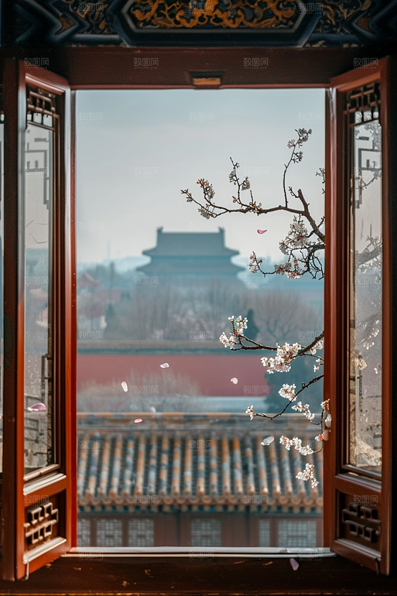 窗外的春色景色生机勃勃摄影图