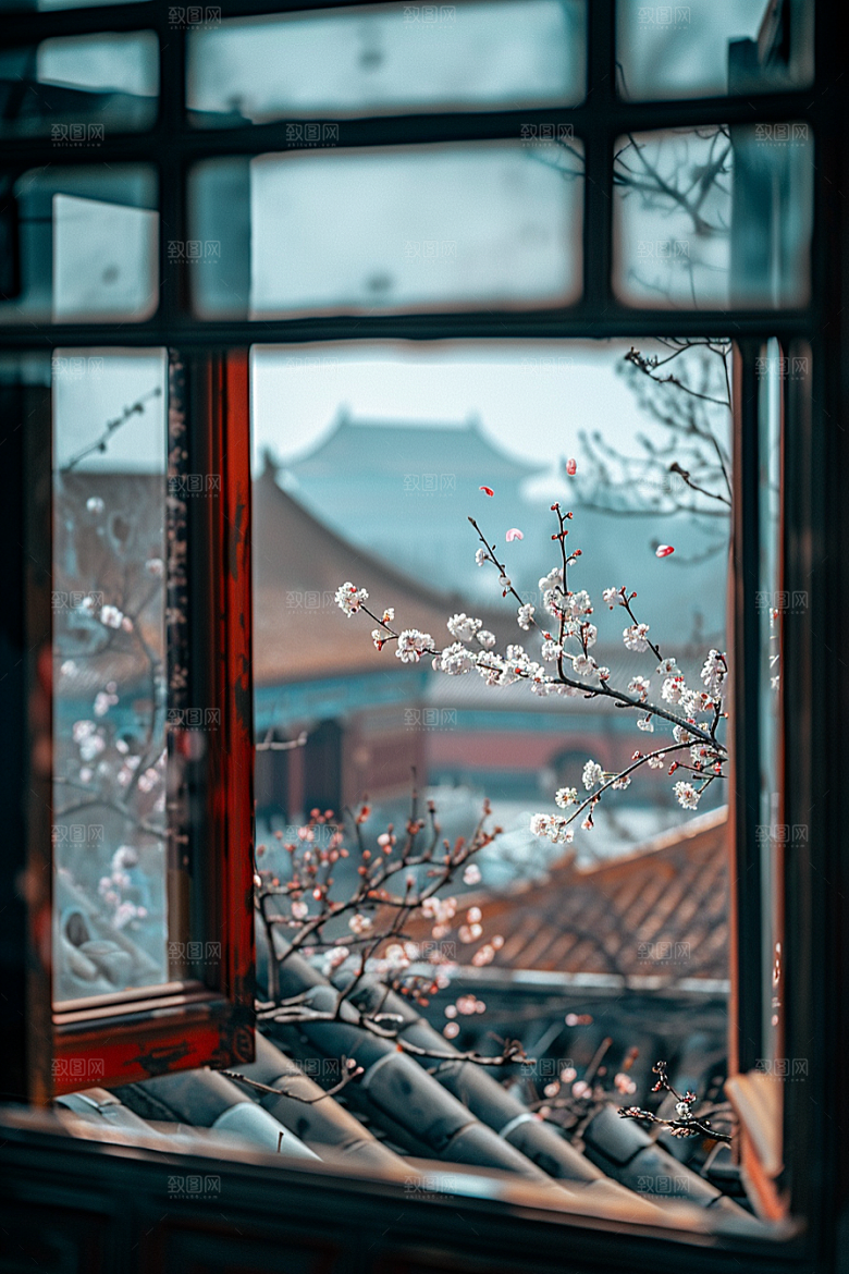 窗外的春色生机勃勃花草树木摄影图