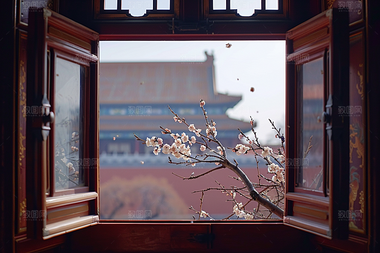 窗外的春色生机盎然景色摄影图