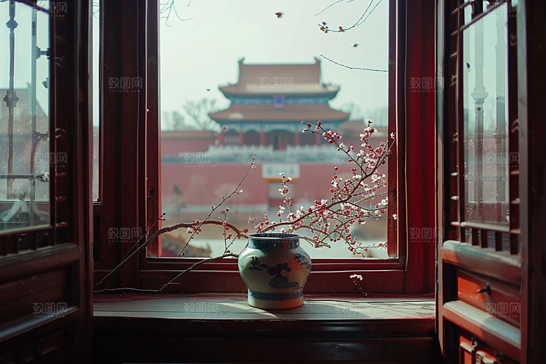 窗外的春色美景花草树木摄影图