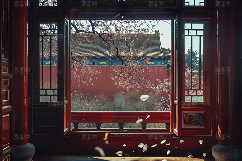 窗外的春色自然窗景摄影图