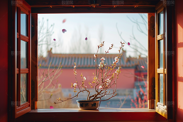 窗外的春色窗景花园摄影图