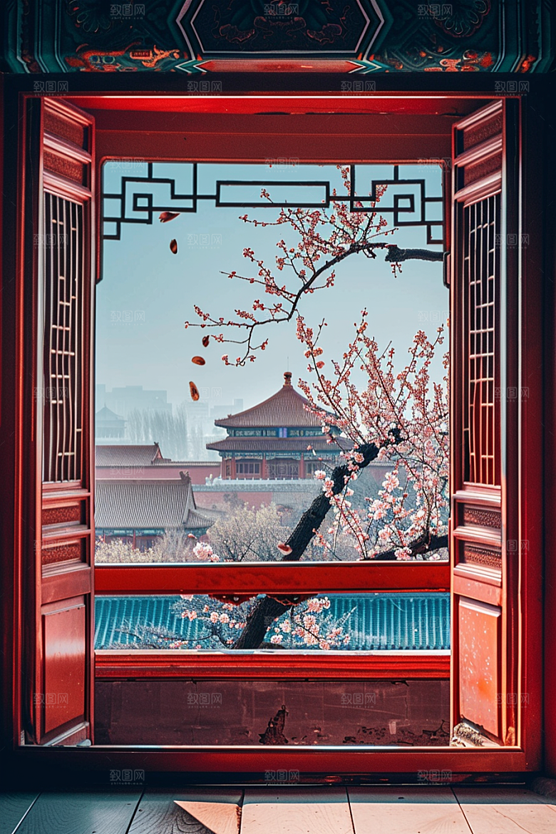 窗外的春色窗景美景摄影图