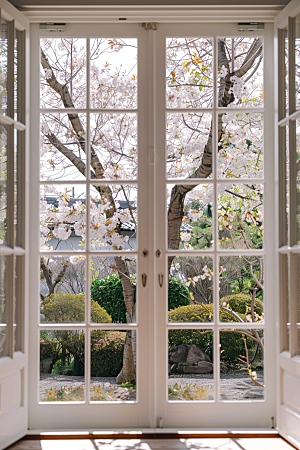 窗外的春色花园花草树木摄影图