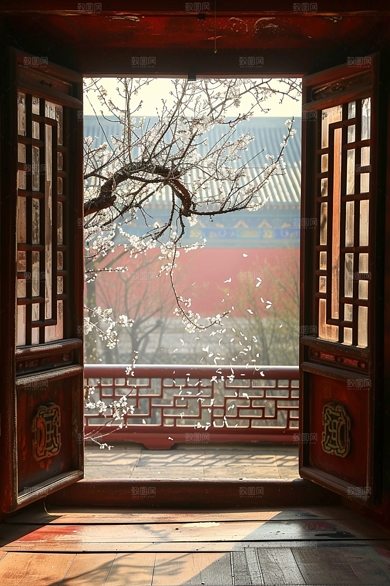 窗外的春色景色花草树木摄影图