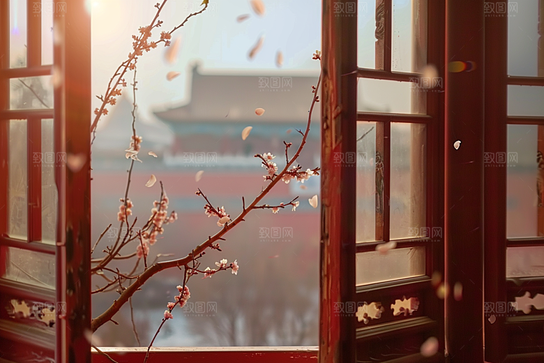 窗外的春色生机勃勃美景摄影图