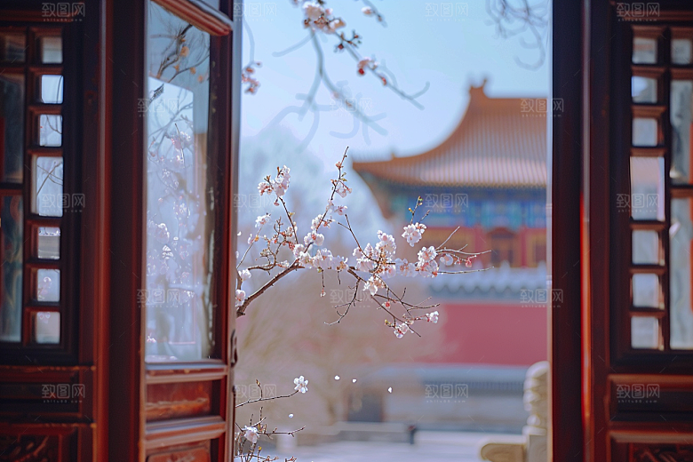 窗外的春色美景窗景摄影图