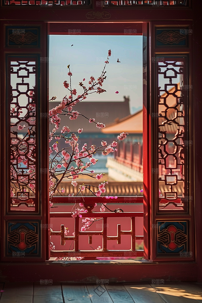 窗外的春色花草树木春天摄影图