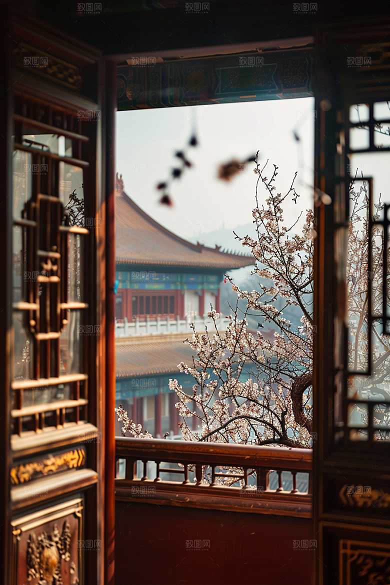 窗外的春色景色花园摄影图