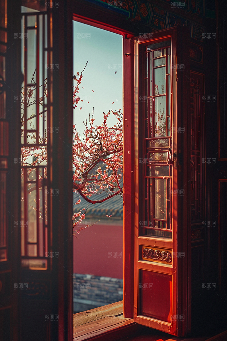 窗外的春色窗景自然摄影图