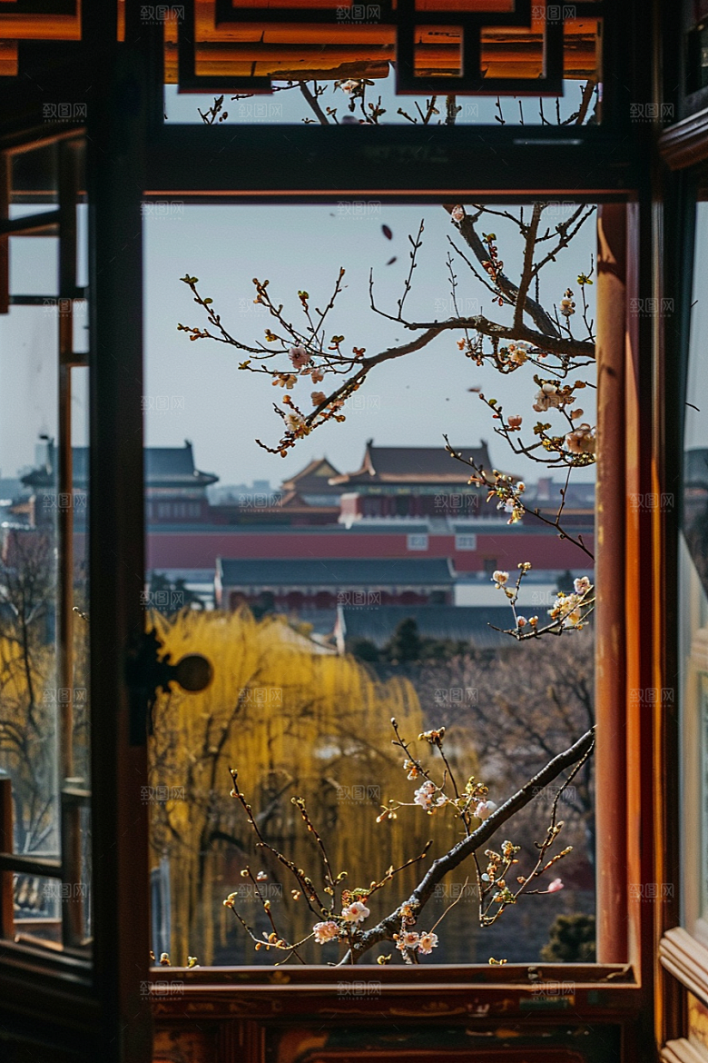 窗外的春色景色生机盎然摄影图
