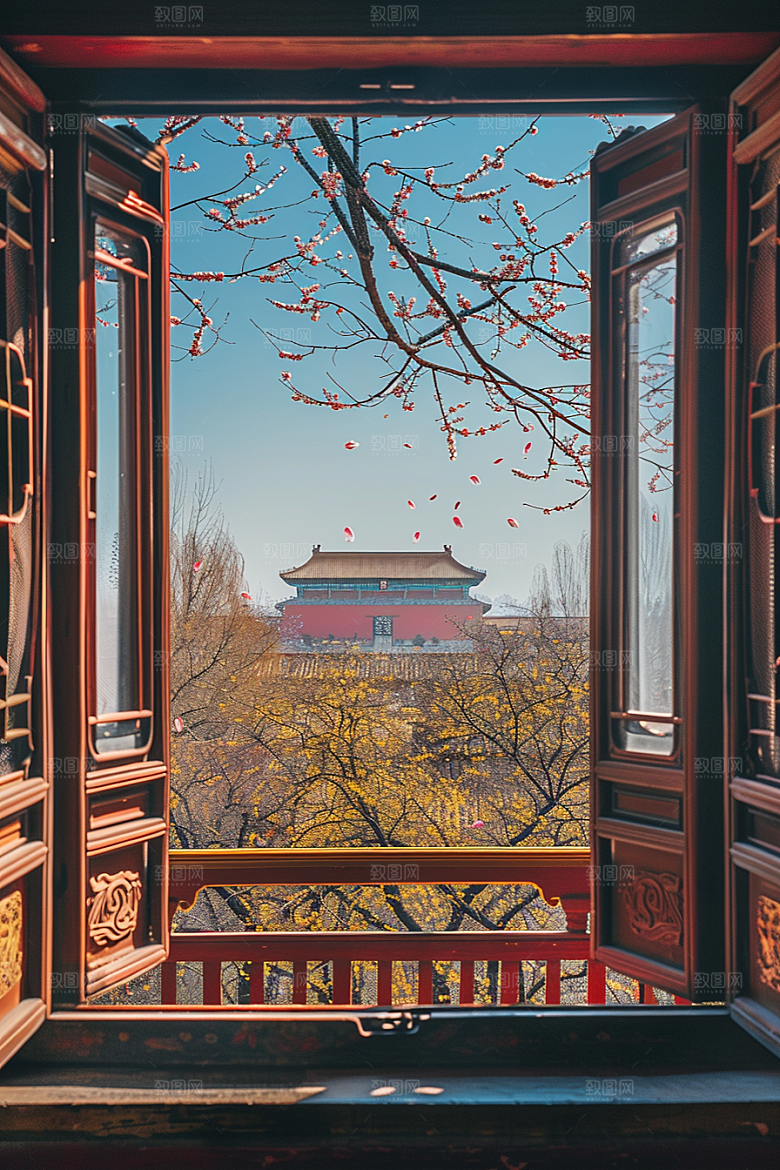 窗外的春色美景花草树木摄影图
