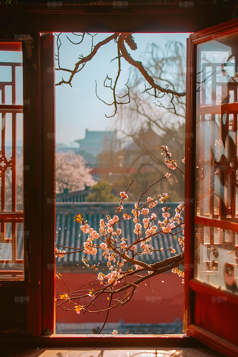窗外的春色花园高清摄影图