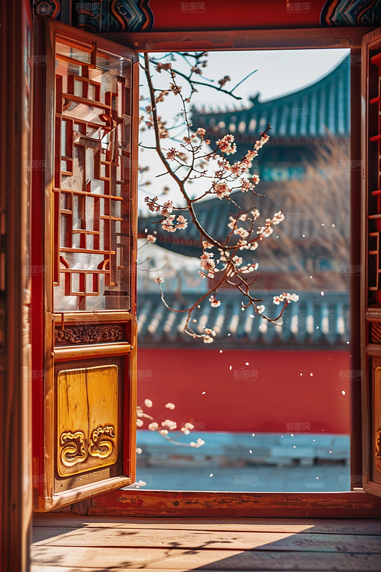 窗外的春色花草树木春天摄影图