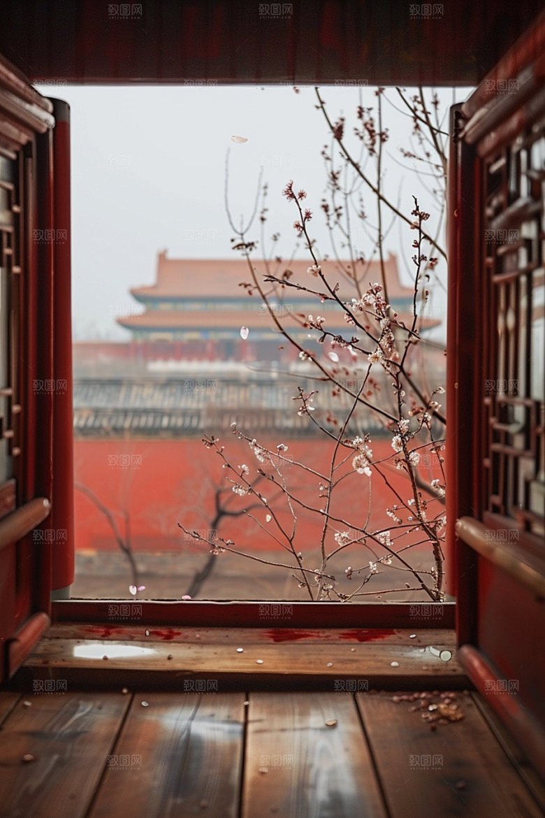 窗外的春色春天窗景摄影图