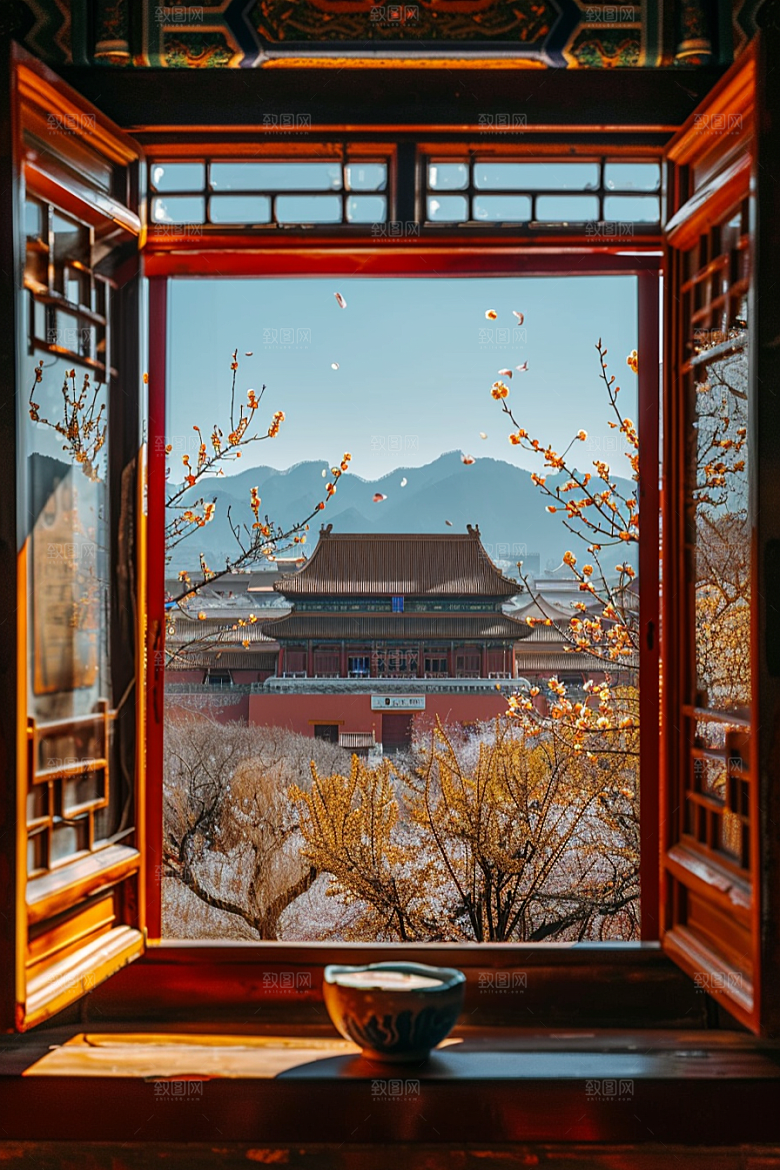 窗外的春色美景窗景摄影图