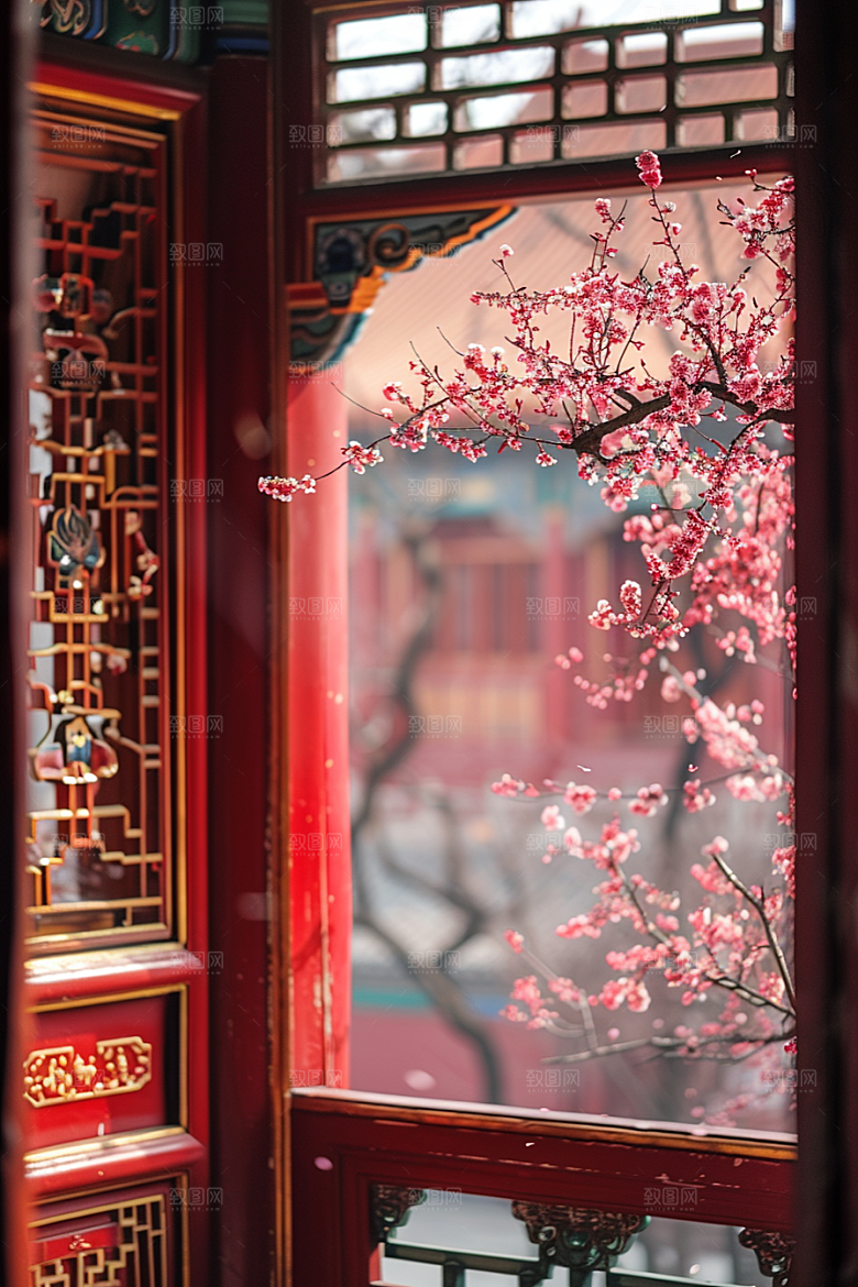 窗外的春色生机勃勃景色摄影图