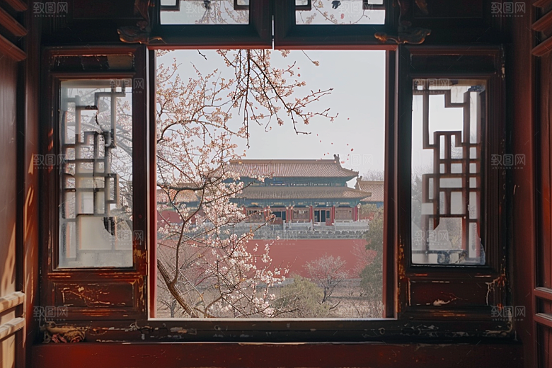 窗外的春色生机勃勃景色摄影图