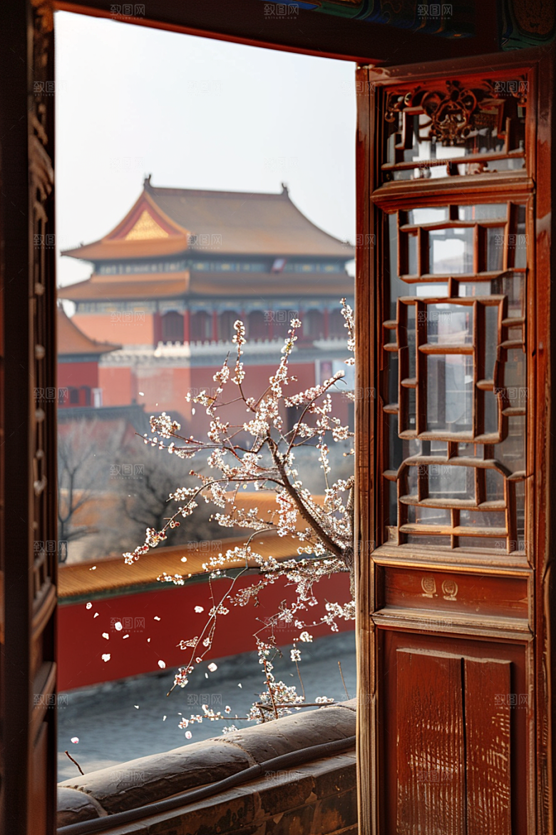 窗外的春色美景生机勃勃摄影图