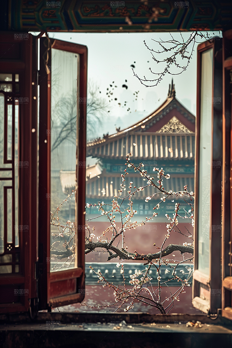 窗外的春色景色花园摄影图