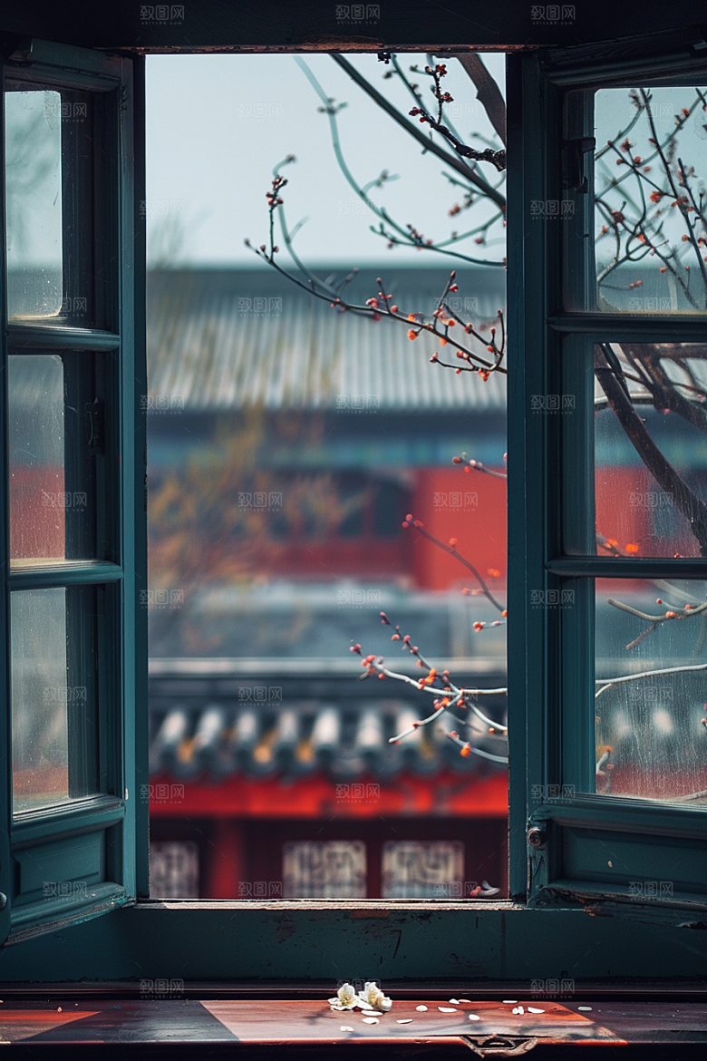 窗外的春色窗景自然摄影图