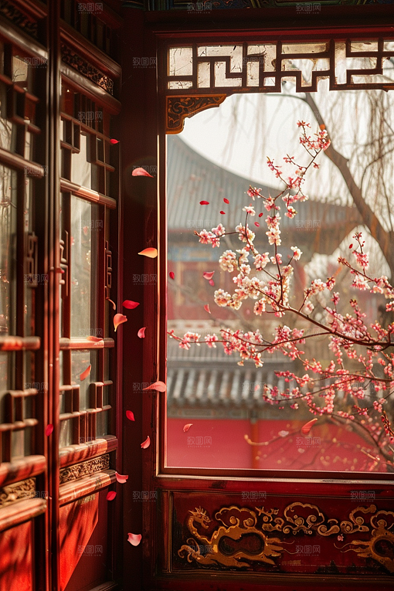 窗外的春色生机勃勃景色摄影图