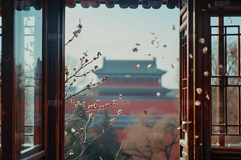 窗外的春色美景生机勃勃摄影图