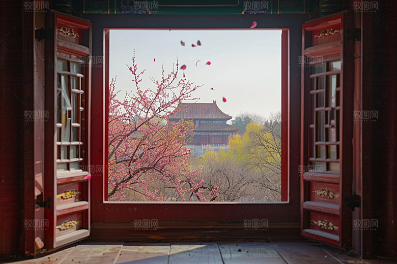 窗外的春色生机盎然花草树木摄影图