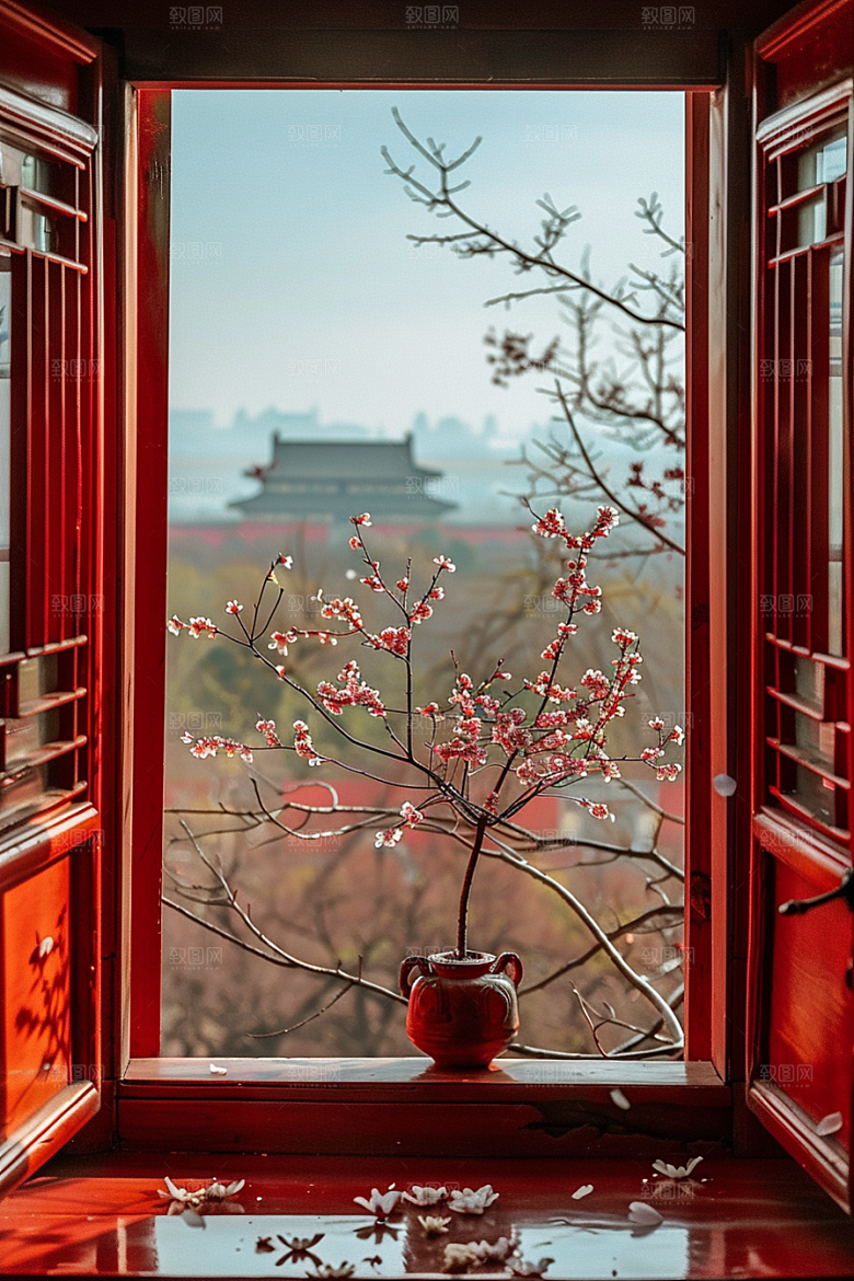 窗外的春色生机盎然景色摄影图