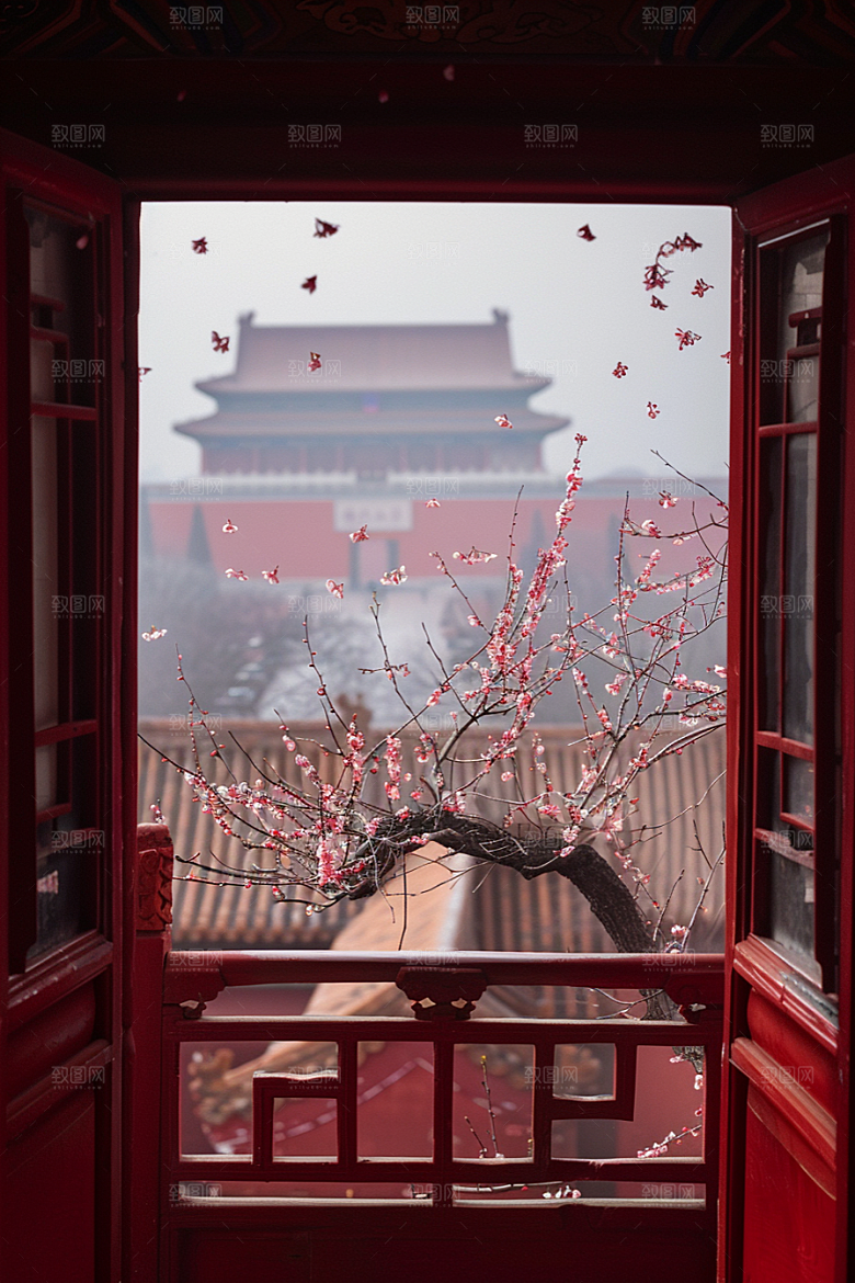 窗外的春色美景景色摄影图