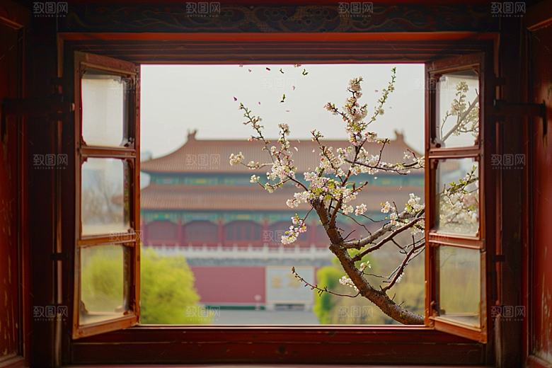 窗外的春色美景花园摄影图