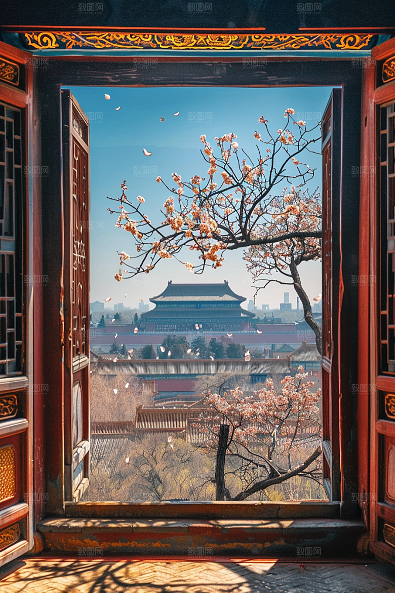 窗外的春色美景生机盎然摄影图