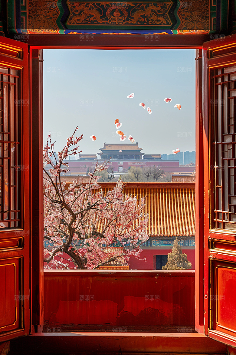 窗外的春色景色花园摄影图