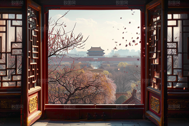 窗外的春色花园美景摄影图