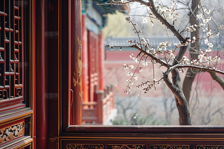窗外的春色清新花园摄影图
