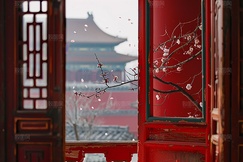 窗外的春色美景花园摄影图