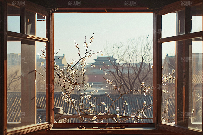 窗外的春色景色自然摄影图