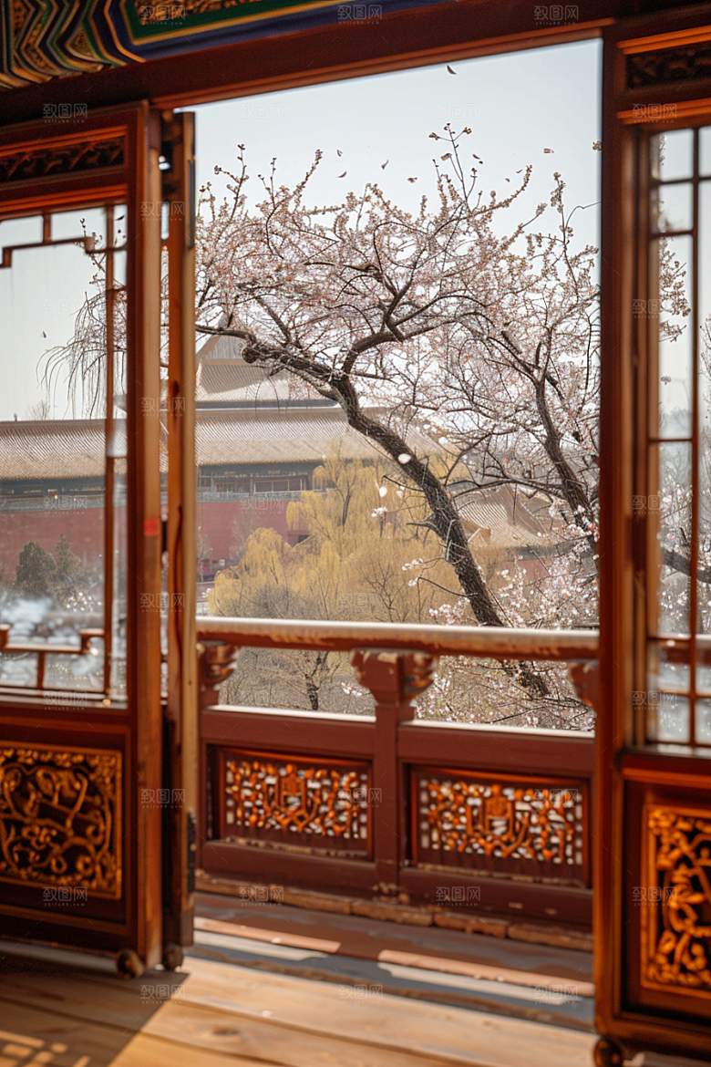 窗外的春色花草树木美景摄影图