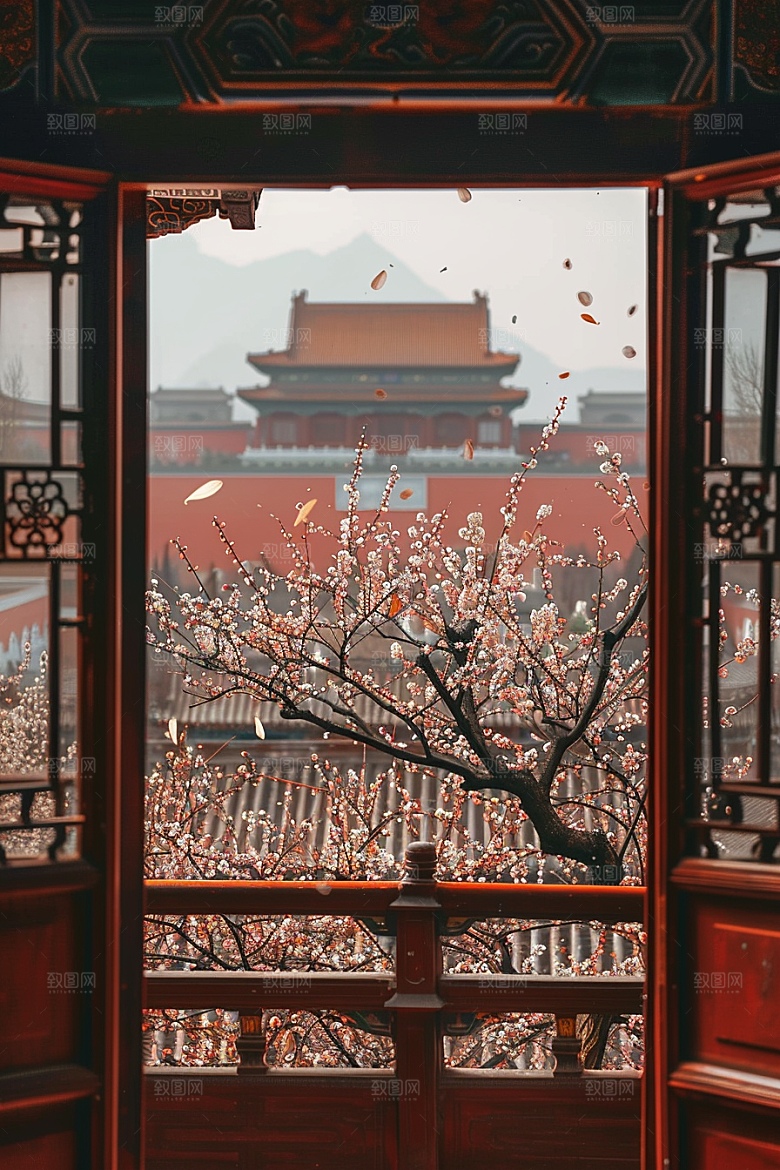 窗外的春色花园景色摄影图